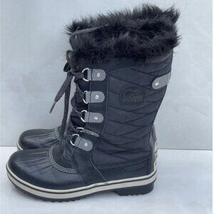Sorel Girls Tofino II Fur Trim Waterproof Rubber Rain Boots Black Sz 5